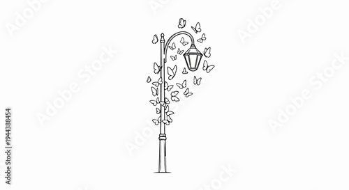 Delicate sketch of a lamppost adorned with numerous fluttering butterflies