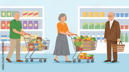 Three elderly people shopping for groceries in a supermarket aisle, pushing carts and holding a basket.