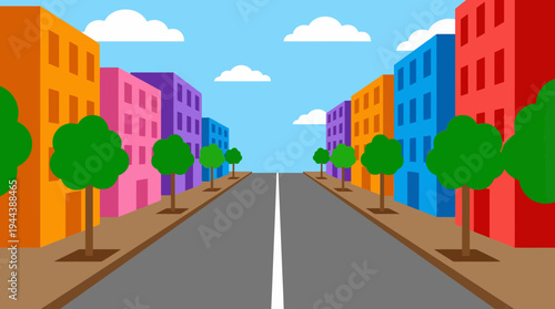 Colorful cartoon city street with vibrant buildings and trees under a blue sky.