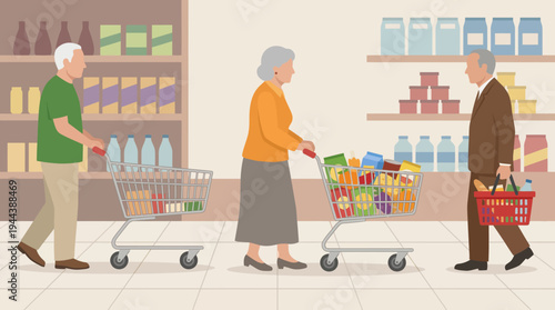 Three senior citizens shopping for groceries in a supermarket aisle, one with a full cart, one with an empty cart, and one carrying a basket.