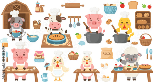Whimsical Farm Animal Bakery Set Featuring Cow, Pig, Chicken, and Sheep Baking Cakes, Cookies, and Bread in the Kitchen