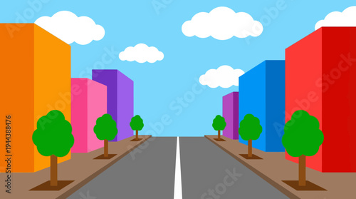 Colorful cartoon city street with buildings and trees under a blue sky, simple illustration.
