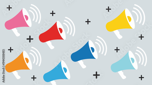Multiple colorful megaphones with sound waves and plus signs on a light grey background, symbolizing communication and announcement.