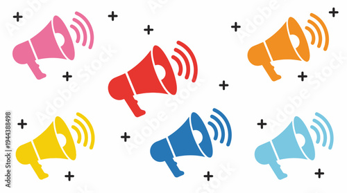 Six colorful megaphones with sound waves and scattered plus signs on a white background, symbolizing announcement and communication.
