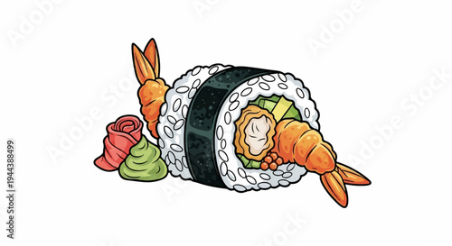 Cartoon sushi roll with shrimp, avocado, and pickled ginger