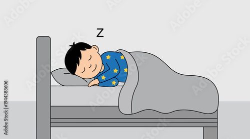 A young boy in blue star pajamas sleeping peacefully in a bed with a grey blanket and pillow, indicated by a 'Z' above his head.