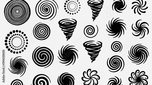 A diverse collection of black and white spiral and vortex designs, showcasing various swirling patterns and abstract shapes.