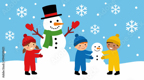 Happy children building snowmen in a snowy winter landscape with falling snowflakes.