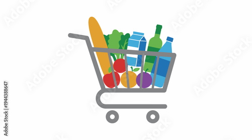 A vector illustration of a grey shopping cart filled with colorful groceries like bread, vegetables, fruits, milk, wine, and water bottles on a white background.