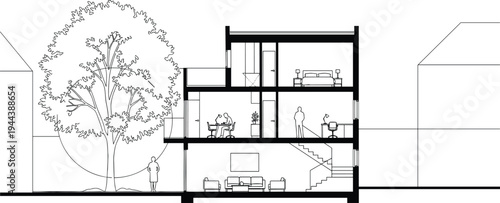Architectural house section drawing showing modern home interior layout, rooms, stairs and furniture, black line architecture diagram isolated on white for blueprint design presentation