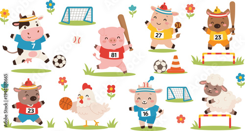 Cute Farm Animals Playing Sports Set Featuring Cow, Pig, Chicken, and Sheep with Soccer, Baseball, and Basketball for Whimsical Illustrations