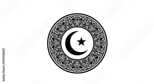 Islamic Symbol Crescent Moon and Star Emblem.