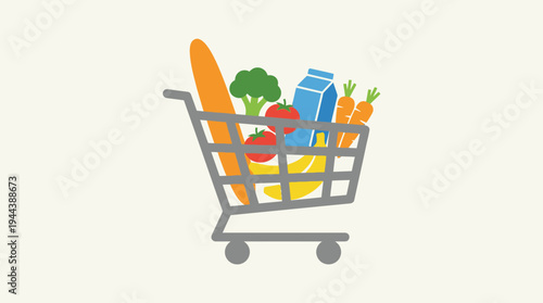 A graphic illustration of a grey shopping cart filled with various colorful grocery items like bread, broccoli, tomato, milk, carrots, and a banana on a light background.