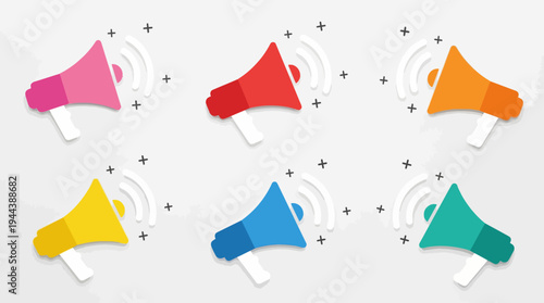 Six colorful megaphones with sound waves on a light background, representing announcement, marketing, or communication.