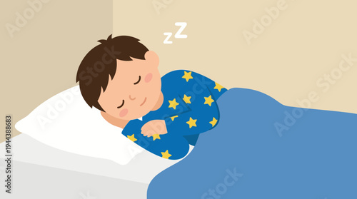 A young boy with brown hair sleeping peacefully in his bed, wearing blue star-patterned pajamas and covered by a blue blanket, with 'zzz' indicating deep sleep.