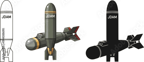 JDAM guided bomb icon set in three versions, line, isolation, silhouette in black.
