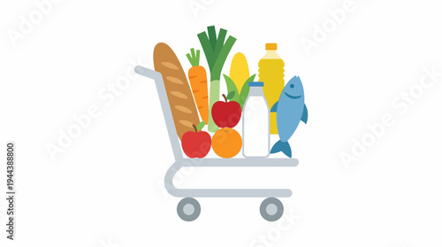 An illustration of a shopping cart overflowing with a variety of fresh groceries including bread, vegetables, fruits, milk, oil, and fish.