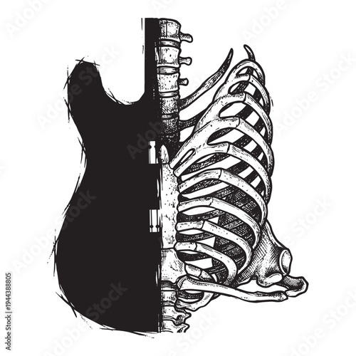 Half Electric Guitar Half Skeleton Ribcage Grunge Vector