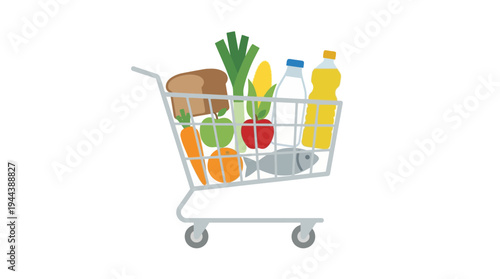 A grey shopping cart filled with a variety of groceries including bread, vegetables, fruits, milk, oil, and fish on a white background, representing daily shopping.