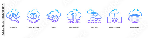 Cloud Infrastructure web banner icon vector illustration featuring Analytics, Cloud Network, Speed, Maintenance, Data Lake, Cloud Network, and Cloud Server.