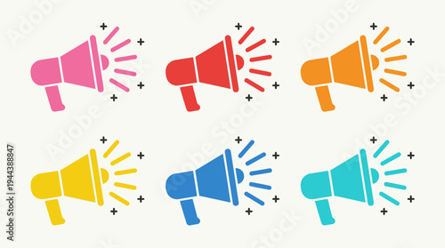 Six colorful megaphone icons with radiating sound waves, representing announcement, communication, and attention in a flat design style.