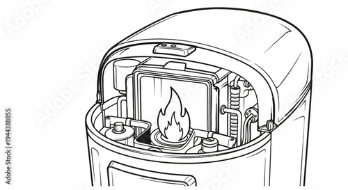 Detailed line drawing of a portable heater with an open top showing flame and internal components