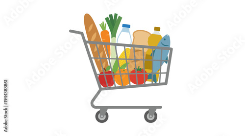 A grey shopping cart filled with a variety of fresh groceries and essential food items on a white background, representing consumerism and daily needs.