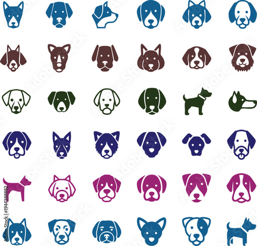 Colorful dog icons set various breeds and colors vector graphics for design