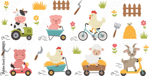 Cute Farm Animal Set Featuring Tractor, Scooter, and Bicycle Rides with Pigs, Cows, Chickens, and Goats for Whimsical Farm Illustrations