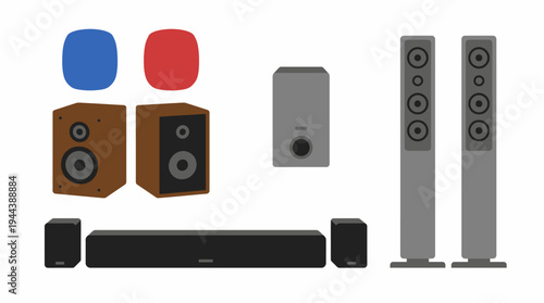 A comprehensive collection of various audio speakers and sound systems, including bookshelf, tower, soundbar, and compact designs.