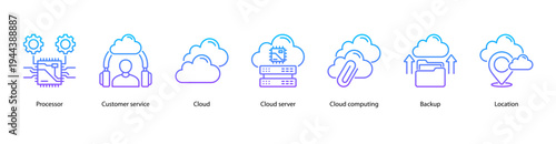 Enterprise Cloud web banner icon vector illustration featuring Processor, Customer Service, Cloud, Cloud Server, Cloud Computing, Backup, and Location.