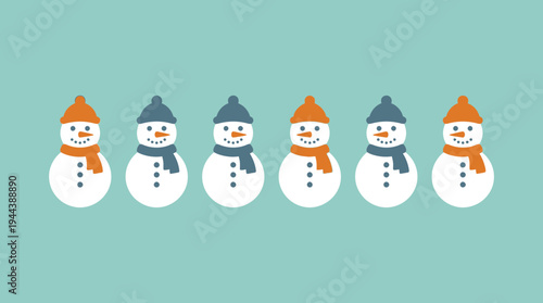 Six cartoon snowmen with alternating orange and blue hats and scarves on a light blue background, depicting a winter scene.
