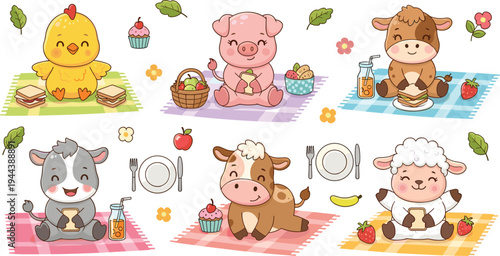 Adorable Farm Animal Picnic Illustration Set Featuring Chick, Pig, Cow, and Sheep with Fruit, Snacks, and Fun Patterns