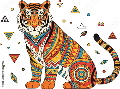 Bold and Colorful Geometric Tiger Illustration with Intricate Patterns for Artistic Animal Designs