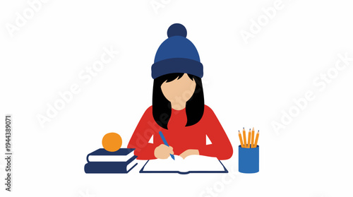 Illustration of a person wearing a blue beanie and red sweater, sitting at a desk and writing in a notebook with books and pencils.
