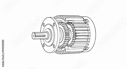 Detailed mechanical drawing of a geared motor with shaft and fins