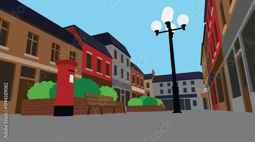 Cartoon illustration of a charming town street with buildings, a red post box, a bench, and a street lamp under a clear blue sky.