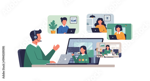 Virtual Team Collaboration & Remote Work: Online Meeting, Video Conference, and Customer Support Illustration