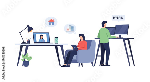 Hybrid Work Model with Remote & Office Collaboration - Flat Vector Illustration