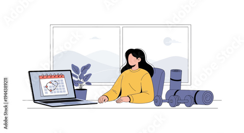 Woman Planning Fitness and Healthy Lifestyle at Home with Laptop and Exercise Equipment