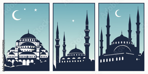 Three tall minarets and a mosque with a large dome under a blue sky with clouds