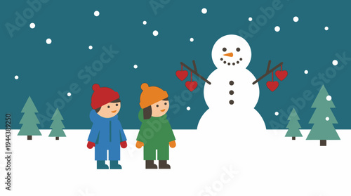 Two children in winter clothes admiring a snowman with heart decorations in a snowy landscape with falling snow and evergreen trees.