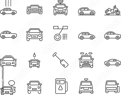 Car and transportation line icon set including taxi, fuel, repair and vehicle service symbols for automotive design