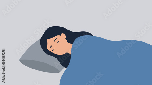 Illustration of a person with dark hair sleeping peacefully in bed under a blue blanket with a grey pillow.