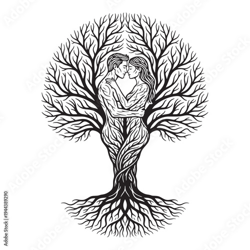 Romantic Couple Merged in Tree Trunk Roots Nature Concept Vector