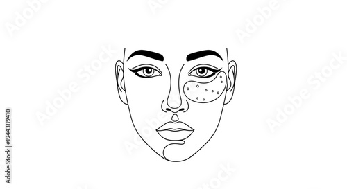 Minimalist line art of a woman's face with eye patches and skin blemishes
