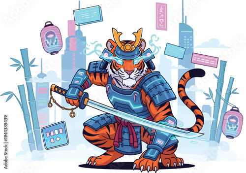 Cyber Samurai Tiger Illustration with Neon Colors, Sword, and Futuristic City Elements for Sci-Fi and Urban Wildlife Designs