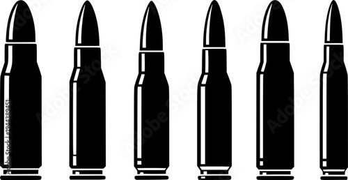 Set of icons of 5.56 caliber live ammunition in line, isolation and silhouette form, ammunition for 5.56 caliber assault rifles.
