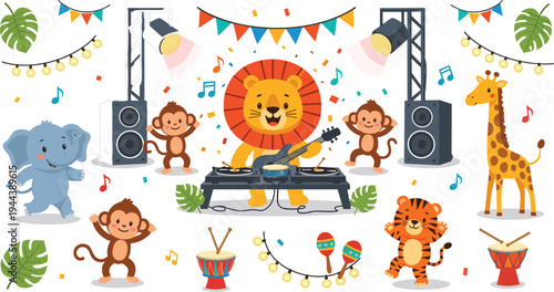 Fun Animal DJ Party Set Featuring Lion DJ, Monkeys, Elephant, Giraffe, and Tiger with Music Instruments and Stage Setup for Kids' Party Designs