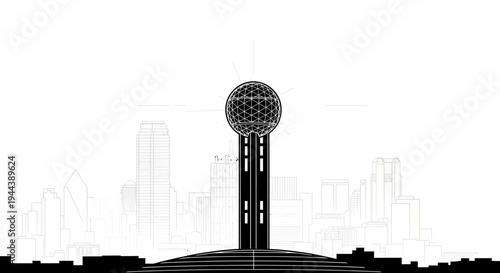 Modern Cityscape Silhouette with Iconic Sphere Tower and Geometric Skyline